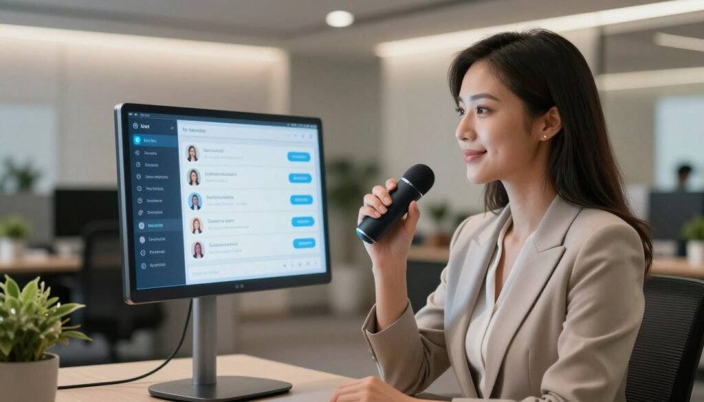 A modern voice intake assistant in a sleek, high-tech office environment. In the foreground, a friendly, professional-looking woman wearing modest business attire is interacting with a sophisticated voice recognition device, her expression focused and engaged. The middle layer features a digital interface displaying customer inquiries and scheduling options emanating from the device, showcasing its advanced AI capabilities. The background captures a stylish office space with soft lighting, sleek furniture, and potted plants, creating a warm and inviting atmosphere. Use a slight depth of field effect to emphasize the subject in the foreground while subtly blurring the background. The overall mood is efficient and tech-savvy, reflecting the innovative nature of voice AI in enhancing customer service.