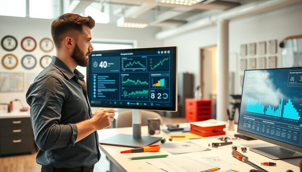 A modern, well-organized plumbing office environment featuring a sleek AI-powered call-handling system. In the foreground, a professional-looking technician in smart casual attire engages with a user-friendly interface on a touchscreen monitor, showcasing AI analytics and customer data. In the middle ground, a work desk is cluttered with plumbing tools and customer inquiries, with a digital display showing real-time lead metrics. The background includes a bright, open space with plumbing-related certifications on the walls and a large window allowing natural light to flood in, creating a warm and inviting atmosphere. Use soft, diffused lighting to enhance the professional mood, with a slight focus on the technician's expression, conveying confidence and efficiency in managing plumbing operations with AI technology.