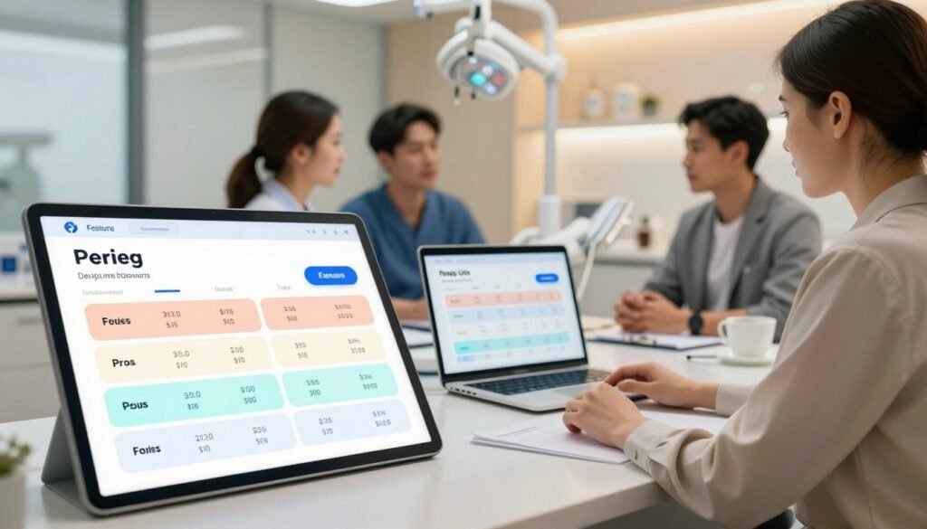 A professional and informative illustration of dental software pricing and features overview. In the foreground, display a sleek digital interface showing diverse pricing tiers, with visually distinct sections for features, pros, and cons. In the middle, include a stylish dental office setting with a modern laptop open to the pricing display, surrounded by professional dental staff in business attire engaged in discussion. The background features a well-designed dental office, softly lit with warm lighting to create an inviting and professional atmosphere. The angle should be from a slightly elevated perspective to capture both the digital interface and the interactions of the staff. The overall mood should be organized, informative, and conducive to a professional setting, without any text or branding elements.