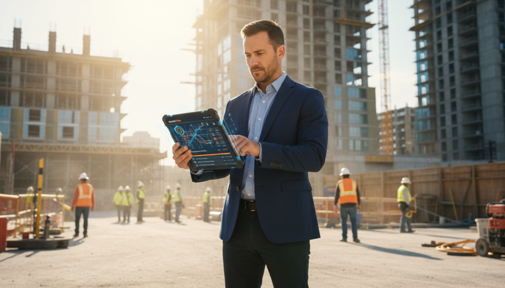 A professional commercial plumbing technician using a tablet to review a smart dispatch schedule on the BuildOps app, high-tech interface, bright sunlight on a job site.