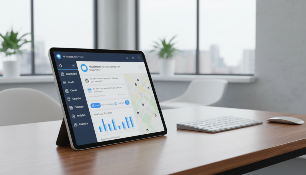 A professional digital dashboard of a real estate CRM featuring a conversational AI chat interface on a tablet screen, showing automated lead responses and scheduling icons, soft natural office lighting, 4k resolution.