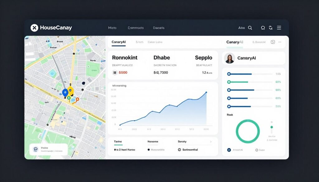 A professional digital dashboard of the HouseCanary property valuation platform showing a neighborhood map with a CanaryAI chatbot window on the right side. The UI displays accurate valuation metrics, market forecast charts, and risk assessment indicators in a clean, modern interface. High resolution, soft studio lighting, realistic software interface design.