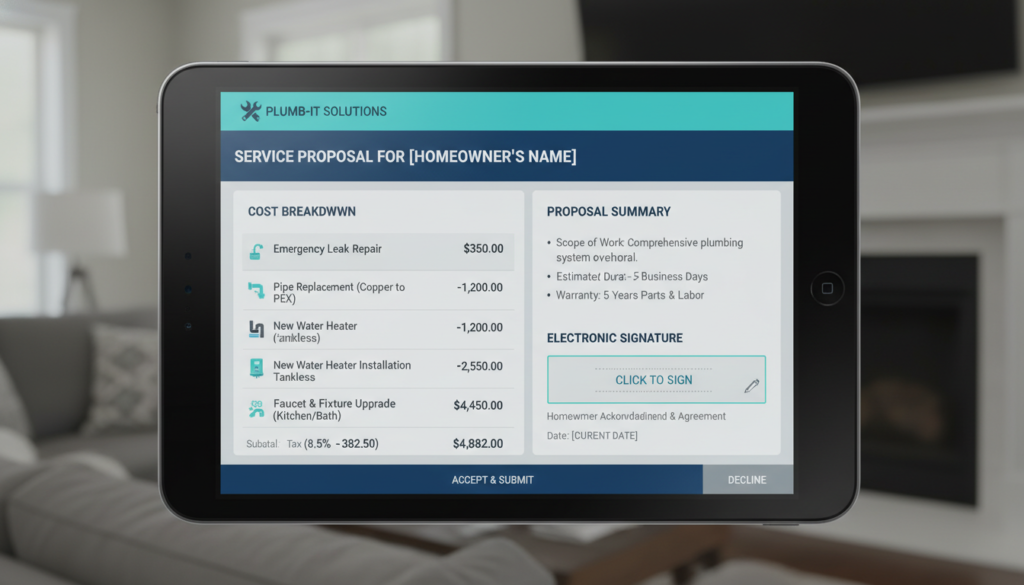 A professional digital dashboard showing a plumbing service proposal with detailed costs, clear line items, and an electronic signature area for a homeowner.