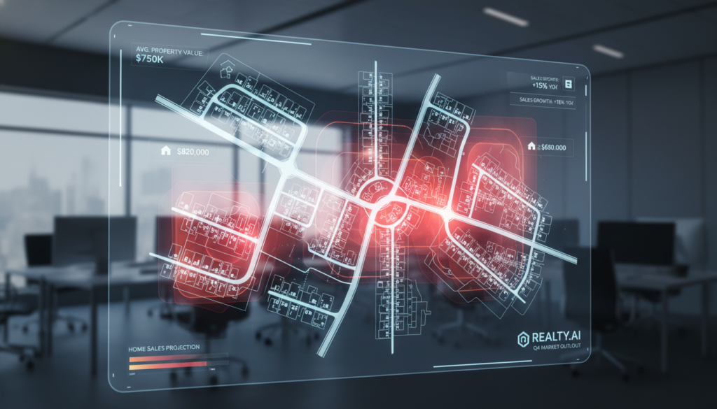 A professional digital interface showing a suburban neighborhood map with glowing heatmaps indicating predicted home sales, data overlays with property values, and a clean modern AI software aesthetic.