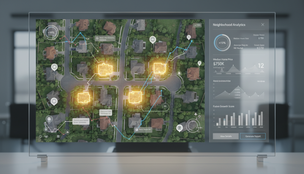 A professional digital map interface of a residential neighborhood with specific houses highlighted in glowing gold, showcasing predictive data points and real estate analytics on a clean dashboard.