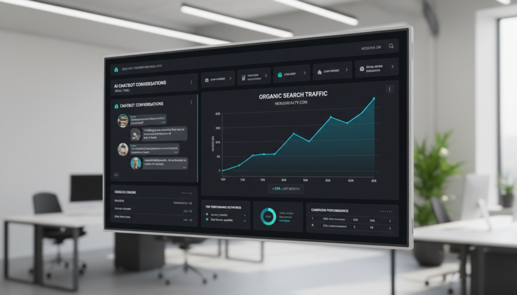 A professional digital marketing dashboard showing real-time AI chatbot conversations alongside a rising line graph of organic search traffic for a real estate website, sleek modern user interface, 4k resolution.