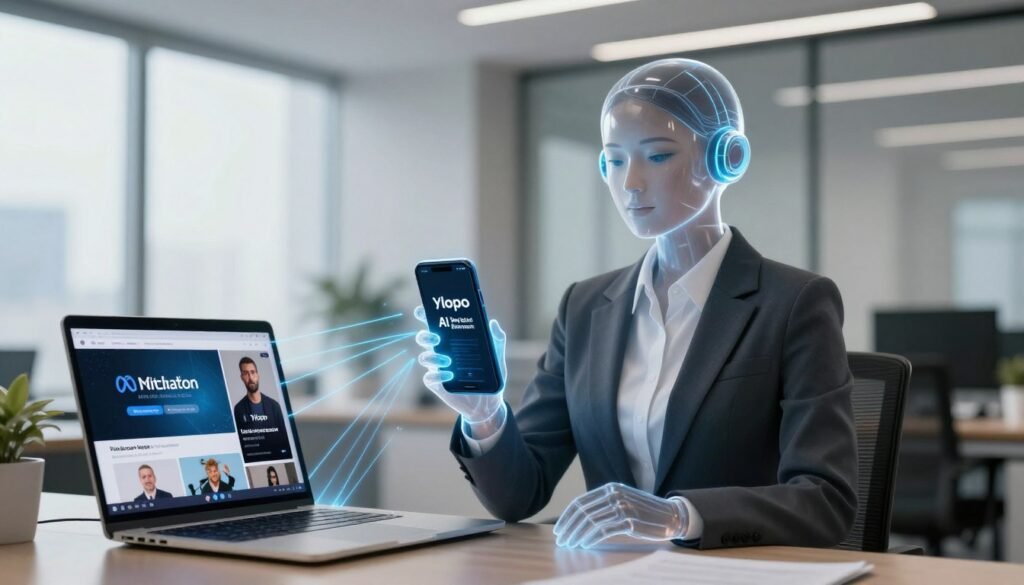 A professional hyper-realistic image of a modern real estate office where a transparent digital AI avatar is holding a smartphone, representing the Ylopo AI lead generation platform, with glowing blue data streams connecting to a laptop screen showing Meta video advertisements.