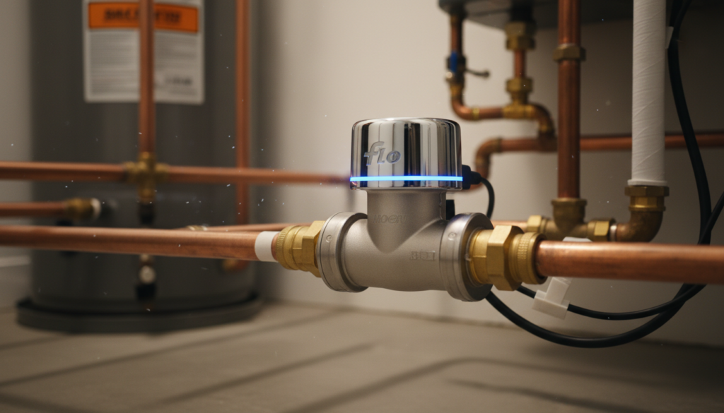 A professional photo of a Moen Flo smart water shutoff valve installed on a residential main water line, high-tech aesthetic, soft lighting, 8k resolution.