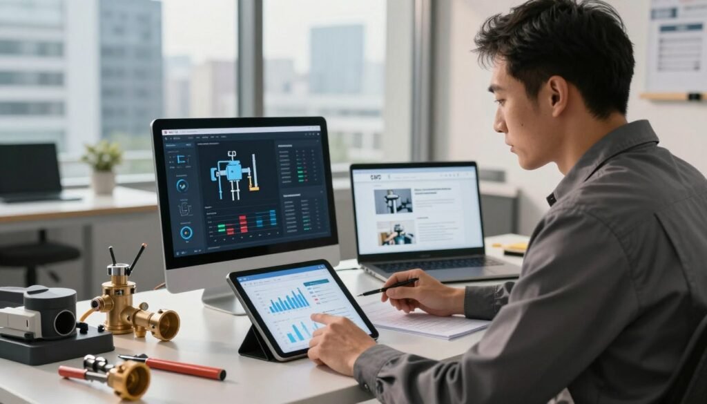 A professional plumber in a modern office setting, intently reviewing a digital dashboard showcasing various AI tools tailored for plumbing. In the foreground, a sleek tablet displays charts and graphs related to plumbing efficiency and revenue optimization. The middle ground features a stylish desk cluttered with plumbing tools, a laptop open to a resourceful website, and notes on best practices for integrating AI into plumbing. In the background, a large window reveals a bustling cityscape, suggesting a thriving business environment. Soft, natural lighting filters through the window, casting warm tones across the room, creating an atmosphere of innovation and productivity. The plumber, dressed in professional business attire, exudes confidence and focus. The image should be clear and sharp, emphasizing the modernity and potential of AI in the plumbing industry.