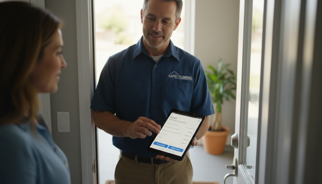 A residential plumber at a customer's front door using the Jobber mobile app to show an automated estimate, professional uniform, clean interface.