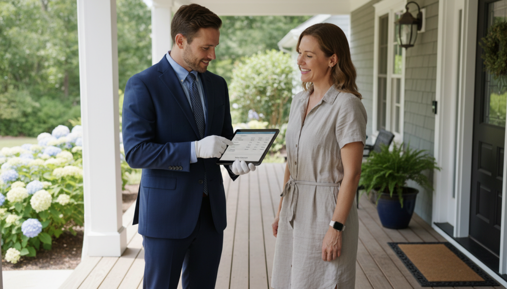 A residential plumber standing on a porch showing a professional digital estimate to a homeowner on a tablet, high-quality photography, bright daylight.