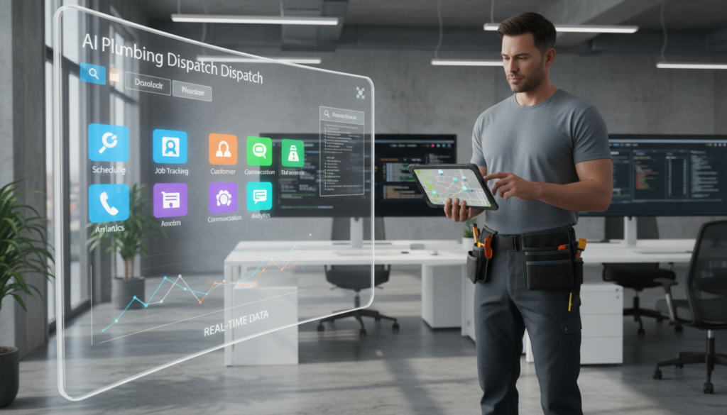A sleek, AI-powered plumbing software dispatch interface displayed prominently in the foreground, featuring a user-friendly dashboard filled with vibrant, color-coded icons for scheduling, job tracking, and customer communication. In the middle ground, a professional plumber in modest casual clothing is interacting with a tablet, visualizing real-time data and analytics. The background showcases a modern, bright office environment with a high-tech ambiance, illuminated by soft, natural lighting filtering through large windows. The scene conveys a sense of productivity and efficiency, with clean lines and a minimalist design, emphasizing advanced technology seamlessly integrated into everyday plumbing tasks. The overall mood is one of innovation and professionalism, suitable for advancing plumbing services with cutting-edge AI solutions.