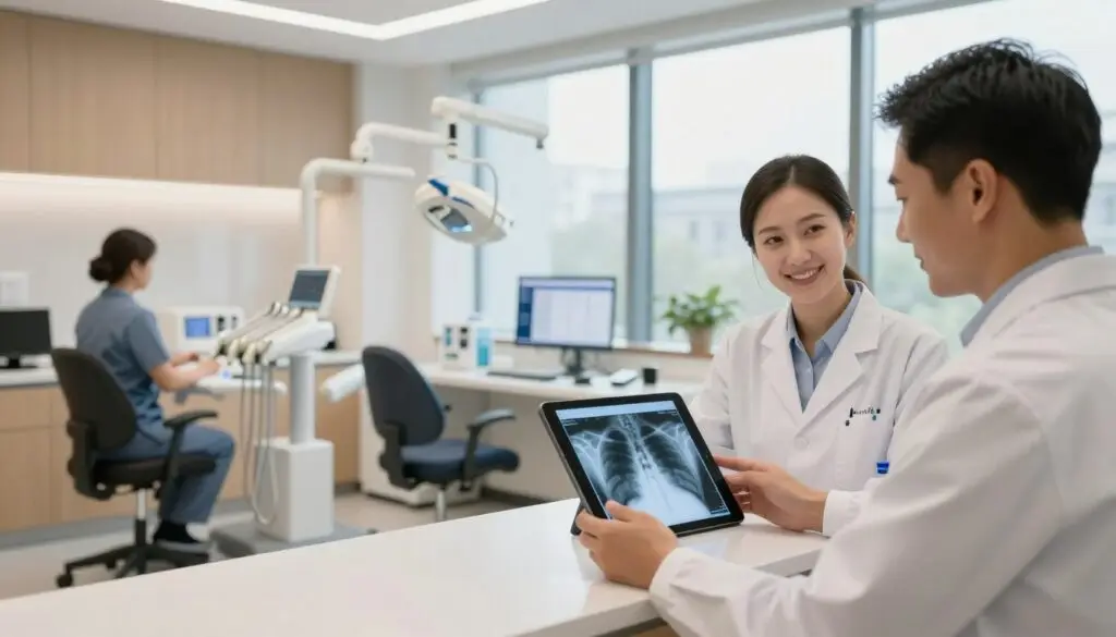 A sleek dental office interior designed for streamlined workflows, featuring a modern reception area with friendly staff in professional attire. In the foreground, a dentist and a dental assistant review digital x-ray images on a tablet, showcasing advanced AI tools enhancing practice management. The middle ground includes organized workstations with dental equipment, ergonomic chairs, and a desktop computer displaying practice management software interface. The background reveals large windows allowing natural light to illuminate the space, adding a warm and inviting atmosphere. The scene is captured with a wide-angle lens, emphasizing the flow and efficiency of the office, with a soft focus effect to create a professional and sophisticated mood that conveys innovation in dental practices.