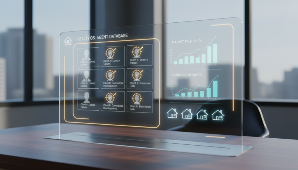 A sleek, high-tech digital interface showing a real estate agent's database with glowing gold target icons over specific contacts, featuring data analytics graphs and house silhouettes in a clean, modern professional style.