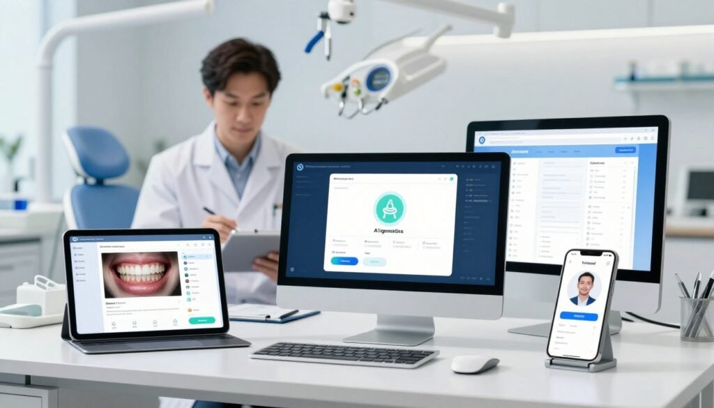 A sleek, modern workspace showcasing a comparison of various affordable AI dental tools for dentists. In the foreground, display three distinct AI tools in elegant, professional designs, including a dental imaging software interface on a tablet, an AI diagnostics application on a computer screen, and a virtual consultation tool on a smartphone. The middle ground features a dentist in professional attire examining a digital report, with a focused expression, surrounded by dental equipment. The background offers a hint of a bright, well-lit dental office with subtle blue and white tones, creating a clean, inviting atmosphere. Soft, diffused lighting enhances the modern technology, while a slight depth-of-field effect emphasizes the tools, providing a professional and informative mood.