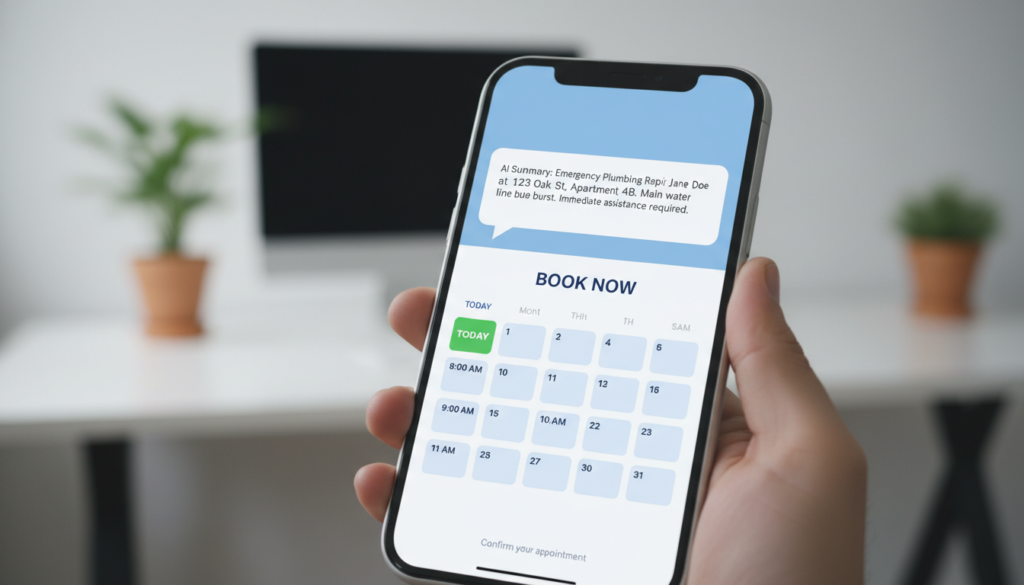 A smartphone displaying an AI-generated text summary of a plumbing repair request, including the customer's name, location, and emergency status, with a "Book Now" calendar integration visible in the background.