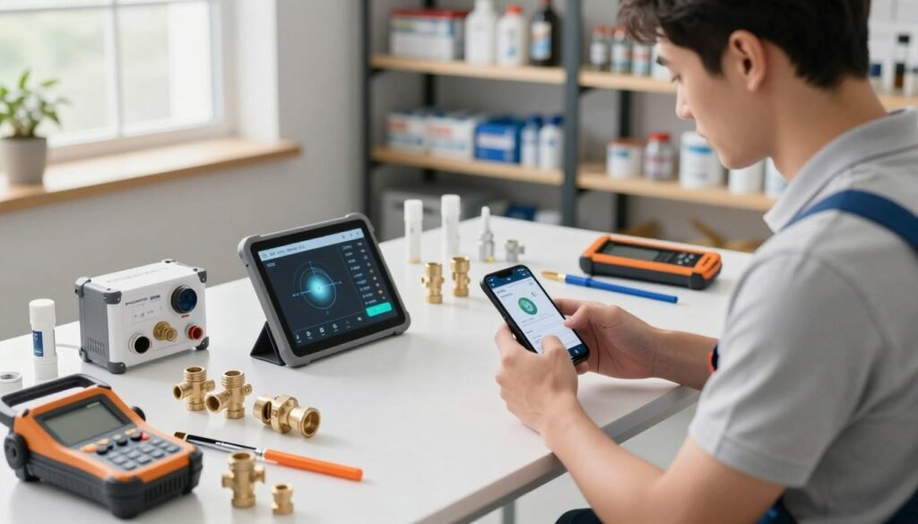 A well-lit, modern plumbing workshop showcasing a variety of advanced plumbing tools and technologies. In the foreground, a professional plumber in smart casual attire examines a smartphone app displaying smart diagnostics for leak detection. In the middle ground, pipes, fittings, and high-tech plumbing devices neatly organized on a workbench, alongside digital tablets and diagnostic tools. The background features shelves stocked with plumbing supplies and a window allowing natural light to flood the scene, creating an inviting atmosphere. The overall mood is one of innovation and professionalism, emphasizing the importance of cutting-edge tools in plumbing. The angle is slightly elevated to capture both the fore and middle ground effectively, highlighting the integration of technology in plumbing work.