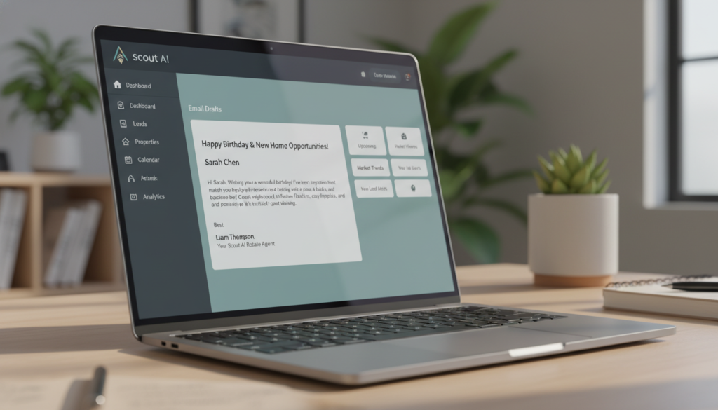 An aesthetic laptop screen showing a real estate agent dashboard for Scout AI, highlighting a personalized email draft with home details like bedroom count and a birthday greeting, professional and clean interface, 4k resolution.