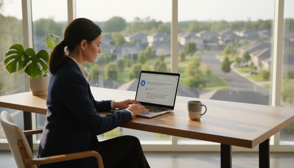 An ultra-realistic image of a professional real estate agent sitting in a modern office, using a laptop with a ChatGPT interface to draft property descriptions, with a view of suburban houses through the window.