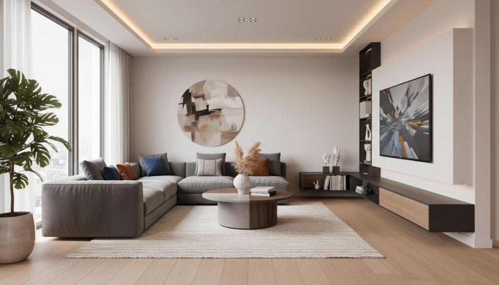 An ultra-realistic interior of a modern living room virtually staged with contemporary furniture, warm ambient lighting, and high-definition textures, generated by AI to showcase property potential.