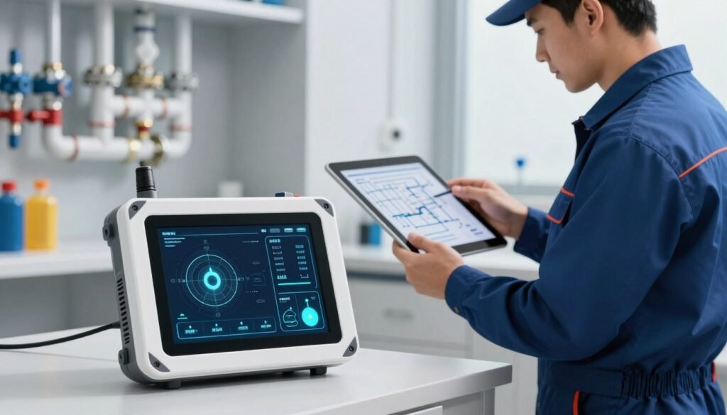Create an image of an advanced leak detection plumbing scenario. In the foreground, depict a high-tech leak detection device with a digital interface, showcasing real-time data and graphical simulations. The device should have glowing indicators and various sensors, illustrating its advanced capabilities. In the middle ground, show a plumber in professional attire, meticulously analyzing the device's readouts while holding a tablet with plumbing schematics. The background should feature a modern, well-lit plumbing workshop, with pipes and plumbing tools neatly arranged. The lighting should be bright and focused, highlighting the technological aspects of the scene. Capture a mood of innovation and professionalism, emphasizing the future of plumbing technology in a clean, organized setting.