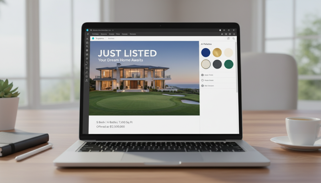 High-quality digital display of a Canva Pro workspace showing a luxury real estate template for social media posts, featuring an elegant home, "Just Listed" text, and AI-powered color palette suggestions on a sleek laptop screen.