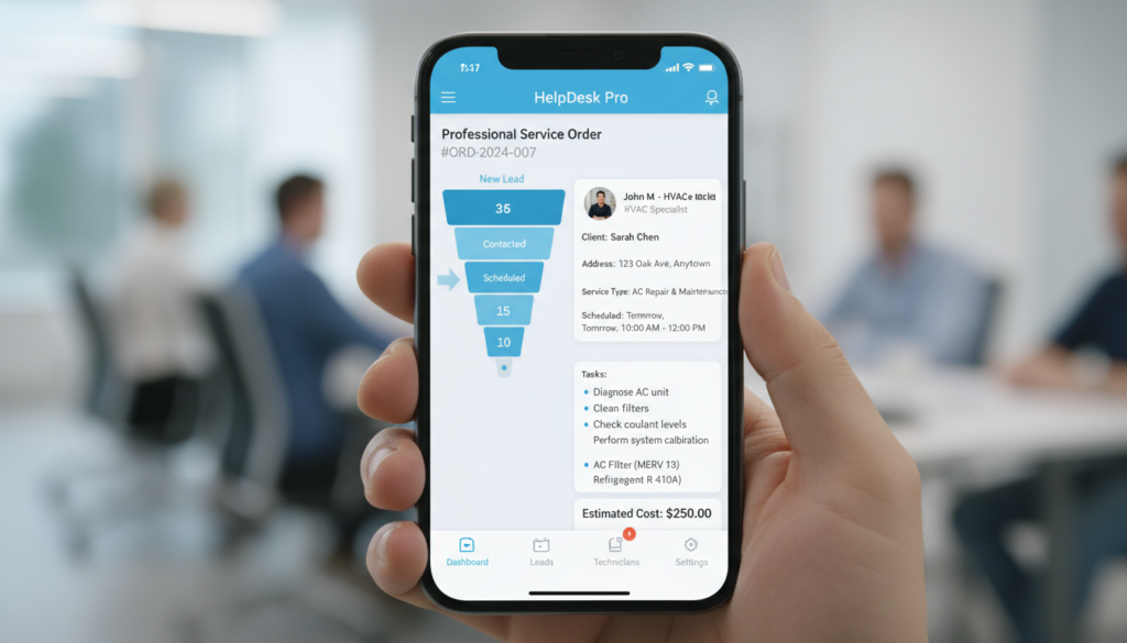 mHelpDesk home services scheduling software interface on a smartphone, displaying a lead management funnel and a professional work order.